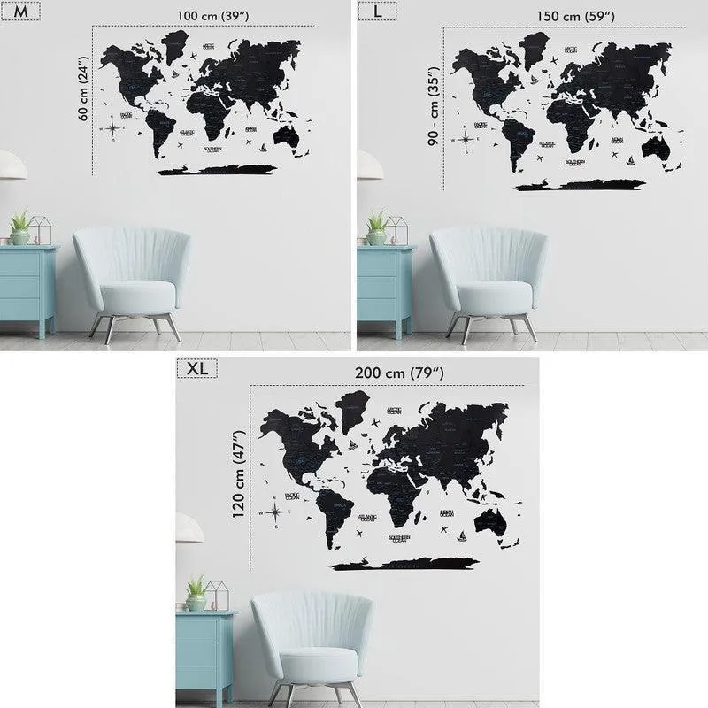 3D Colored Wooden World Map Obsidian Basic