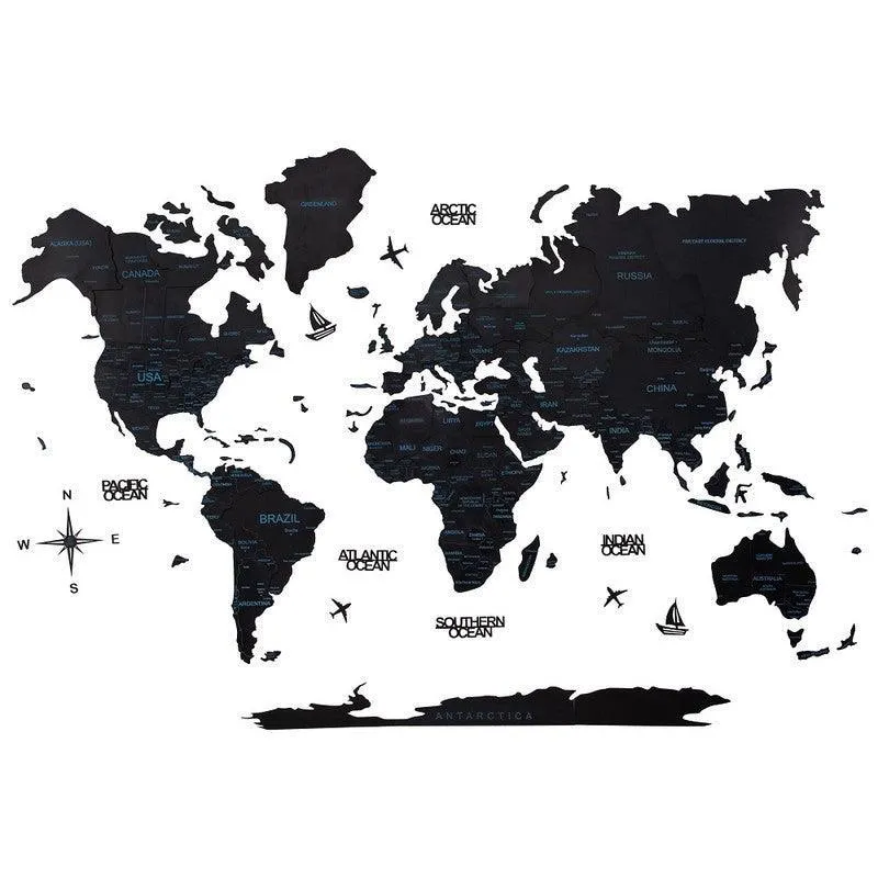 3D Colored Wooden World Map Obsidian Basic