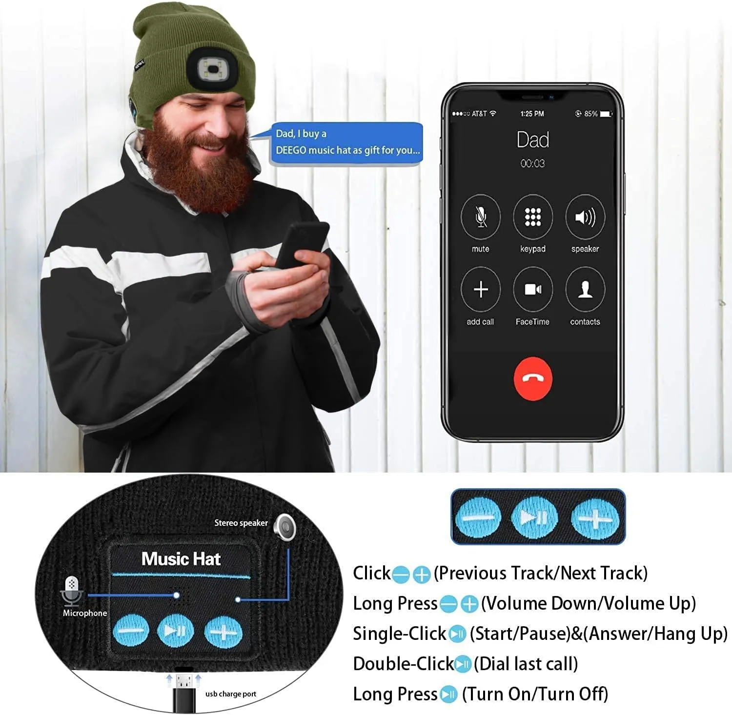 ATNKE LED Lighted Bluetooth Beanie Hat,USB Rechargeable 4 LED Wireless Music Running Headlamp Cap Gift for Men and Women