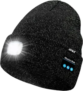 ATNKE LED Lighted Bluetooth Beanie Hat,USB Rechargeable 4 LED Wireless Music Running Headlamp Cap Gift for Men and Women