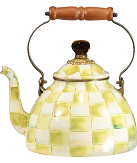 MacKenzie-Childs Beige Parchment Check Enamel Tea Kettle Large