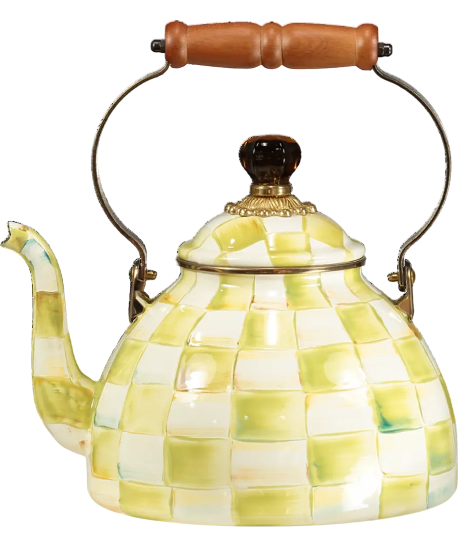 MacKenzie-Childs Beige Parchment Check Enamel Tea Kettle Large