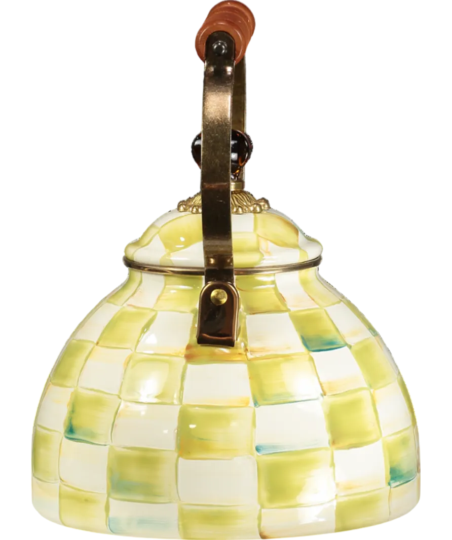 MacKenzie-Childs Beige Parchment Check Enamel Tea Kettle Large