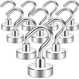 Neosmuk Magnetic Hooks,30lb  Heavy Duty Earth Magnets with Hook for Refrigerator, Extra Strong Cruise Hook for Hanging, Magnetic Hanger for Cabins, Grill (Silver White, Pack of 10)