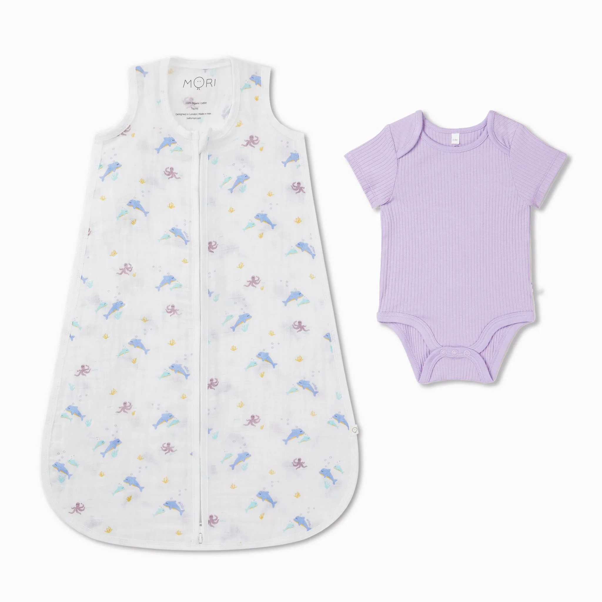 Ocean Muslin Sleeping Bag 0.5 TOG & Ribbed Bodysuit Set